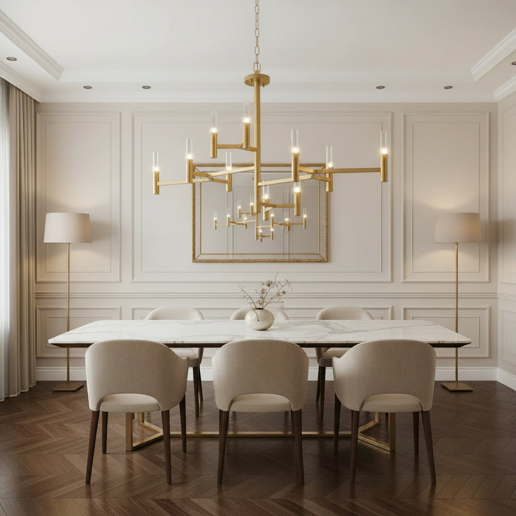 Gold chandelier with multiple lights against a black background