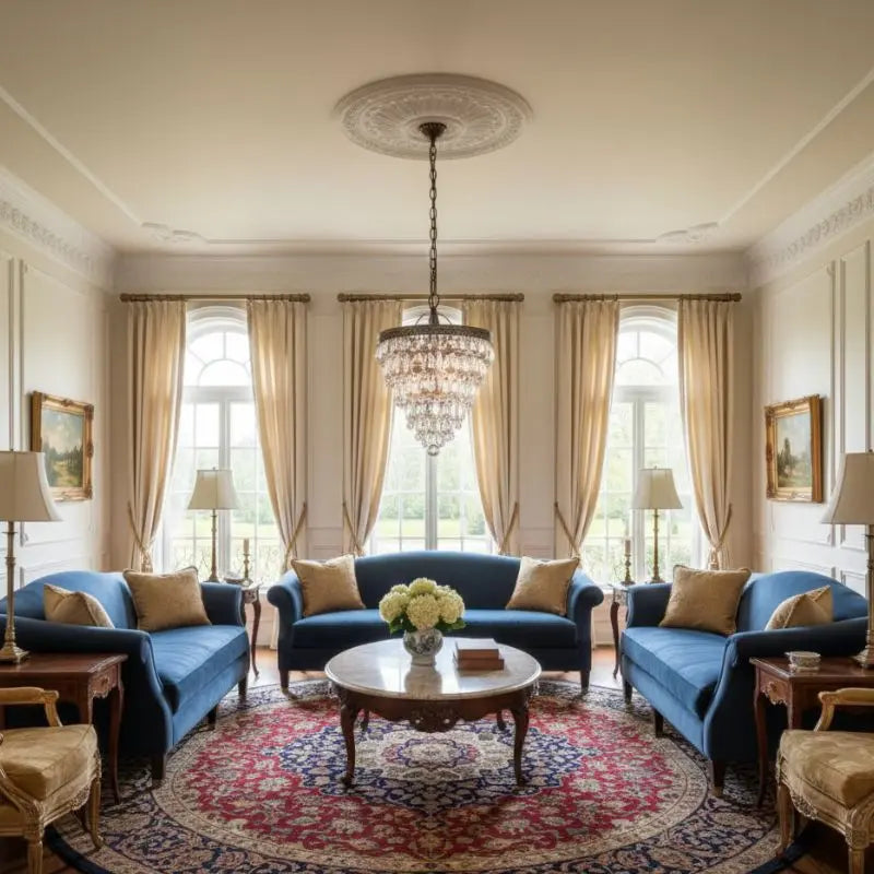 Luxurious living room with blue sofas, chandelier, and decorative elements.