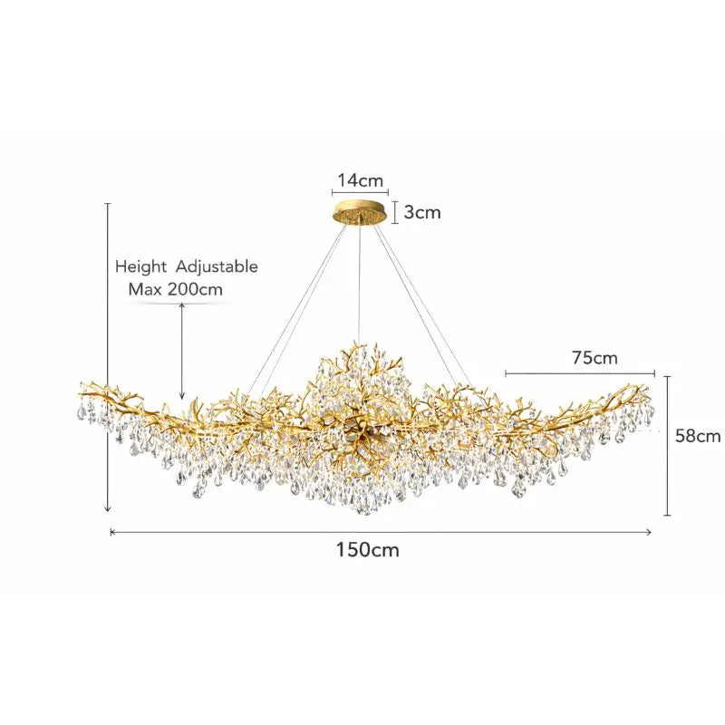 Gold chandelier with measurements on a white background