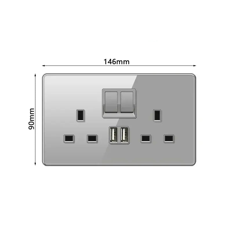 Gray electrical socket with USB ports and dimensions labeled on a white background