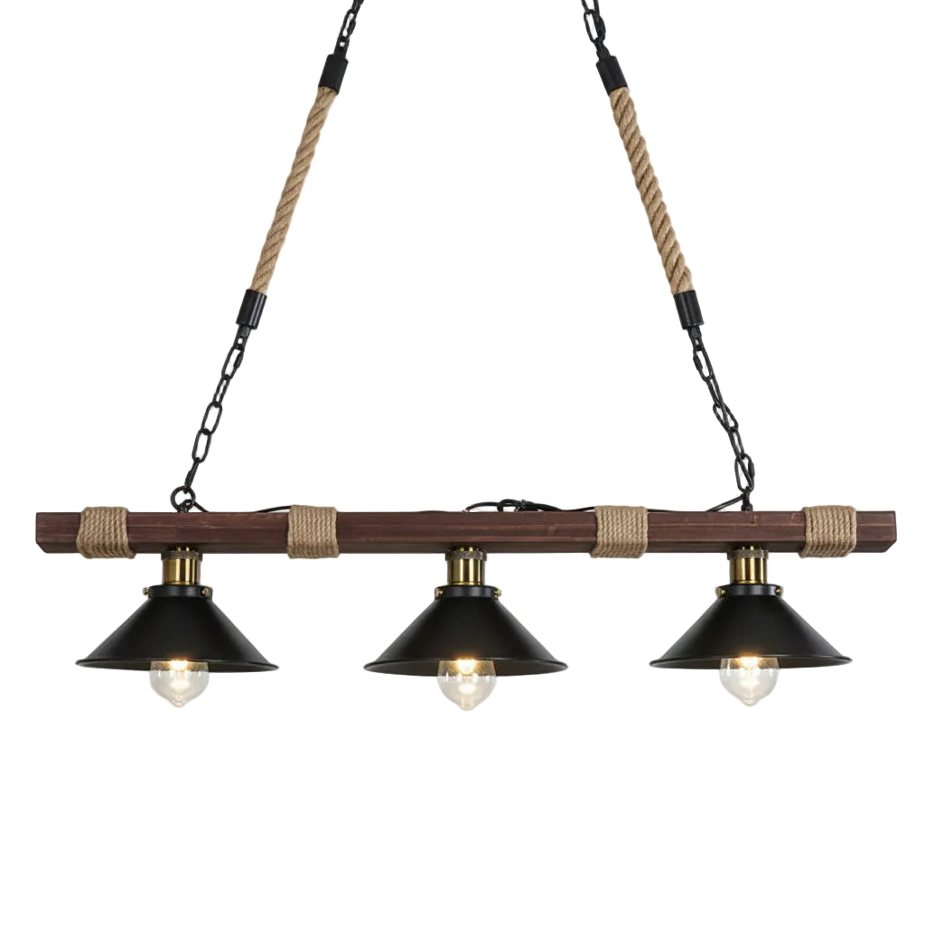 Three-light pendant lamp with wooden bar and rope accents on a white background