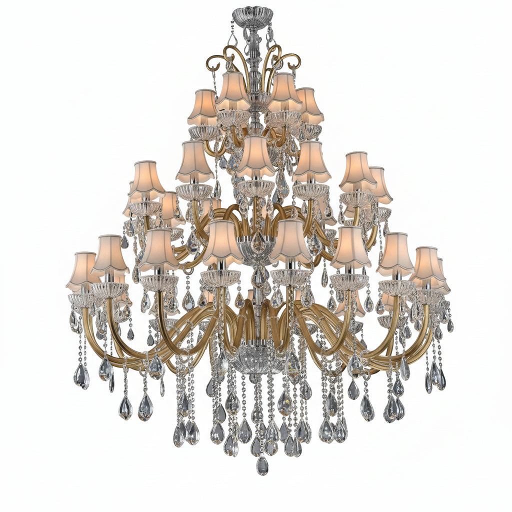 Grand chandelier with crystal details against a dark background