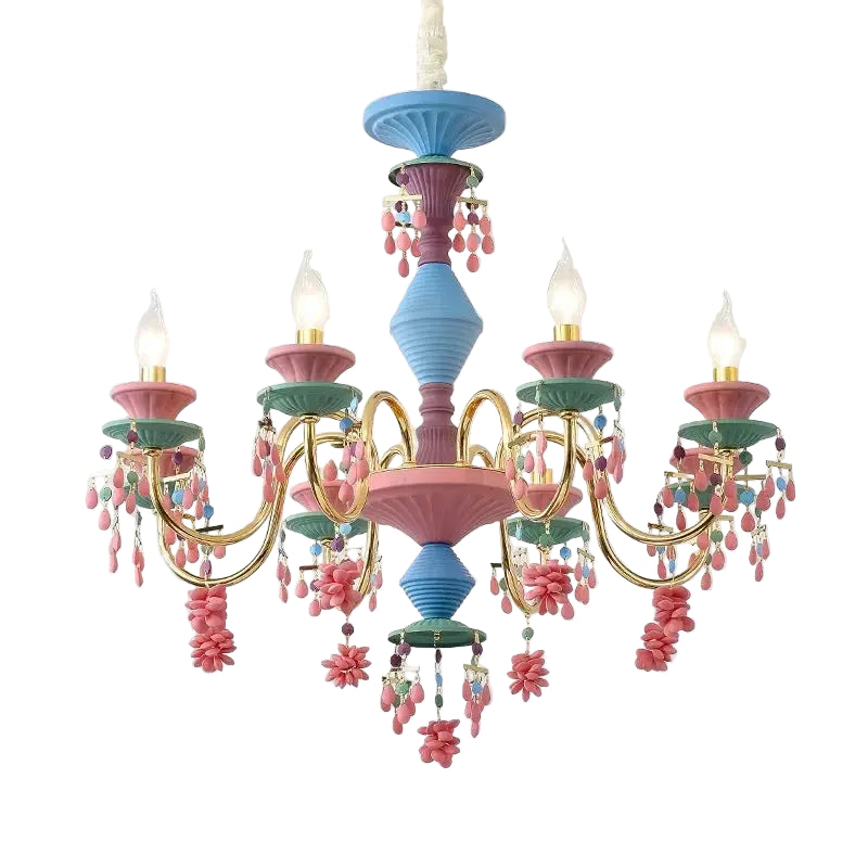 Colorful chandelier with pastel shades on a white background