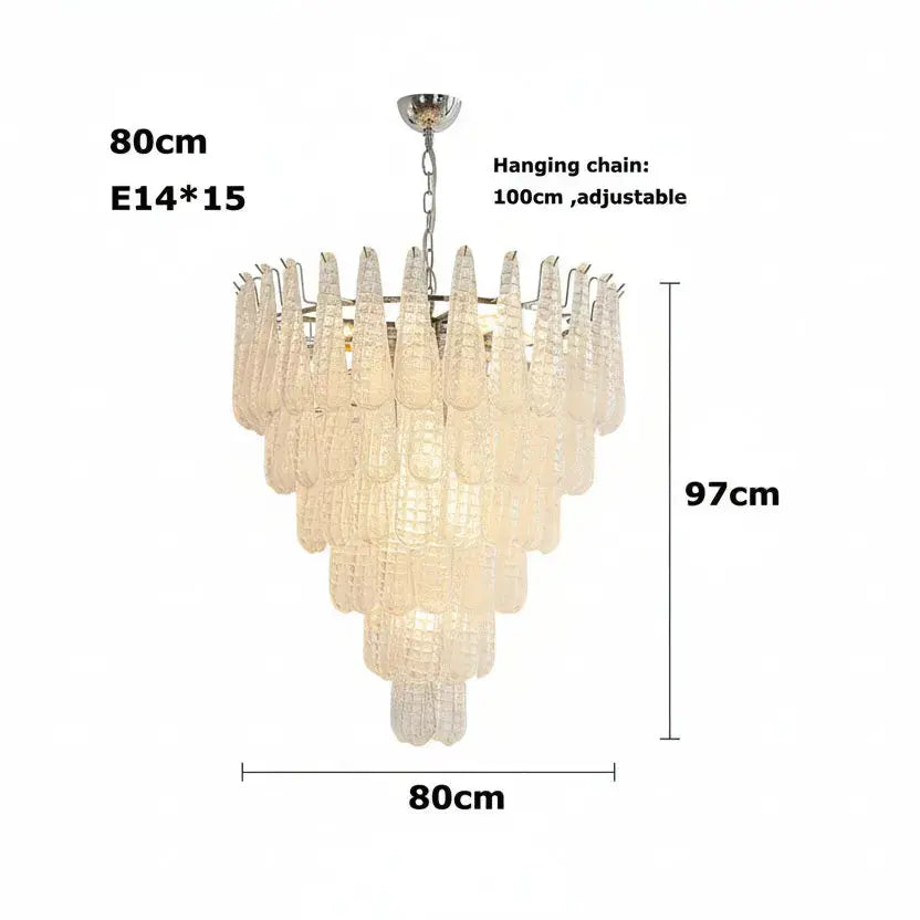 Chandelier with dimensions and hanging chain length indicated, against a neutral wall.