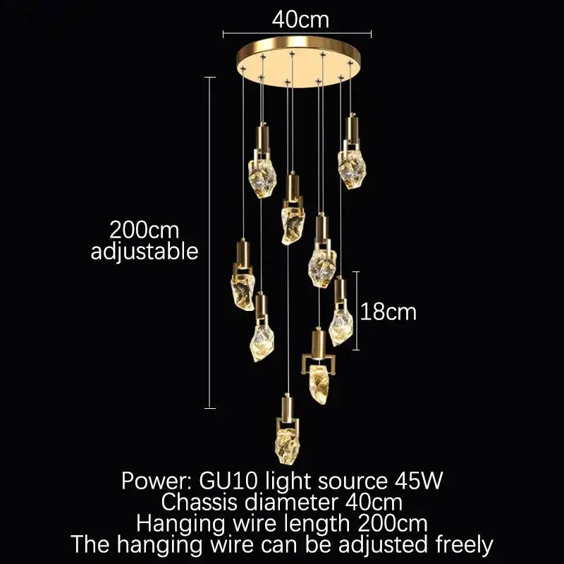 Nine-light crystal chandelier diagram labelled with a 40 cm canopy, 200 cm adjustable drop and 45 W GU10 lighting.