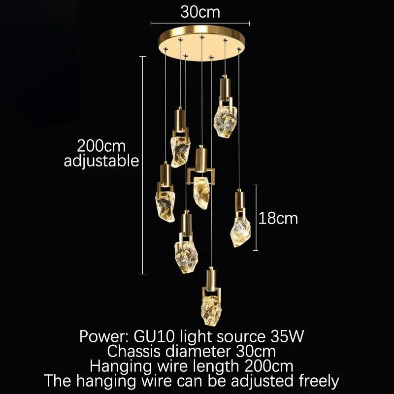 Seven-light crystal chandelier diagram labelled with a 30 cm canopy, 200 cm adjustable drop and 35 W GU10 lighting.