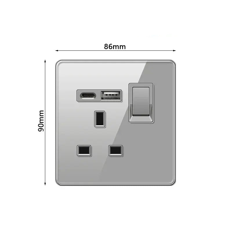 Gray tempered glass panel with USB and socket design, dimensions shown.