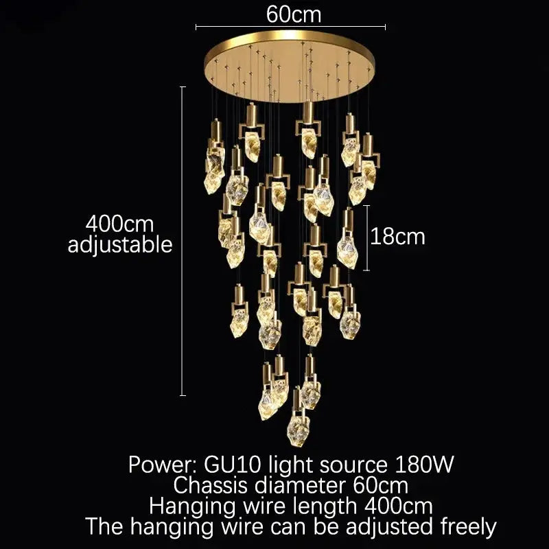 Crystal chandelier diagram labelled with a 60 cm canopy, 400 cm adjustable drop, 18 cm pendant and 180 W GU10 lighting.