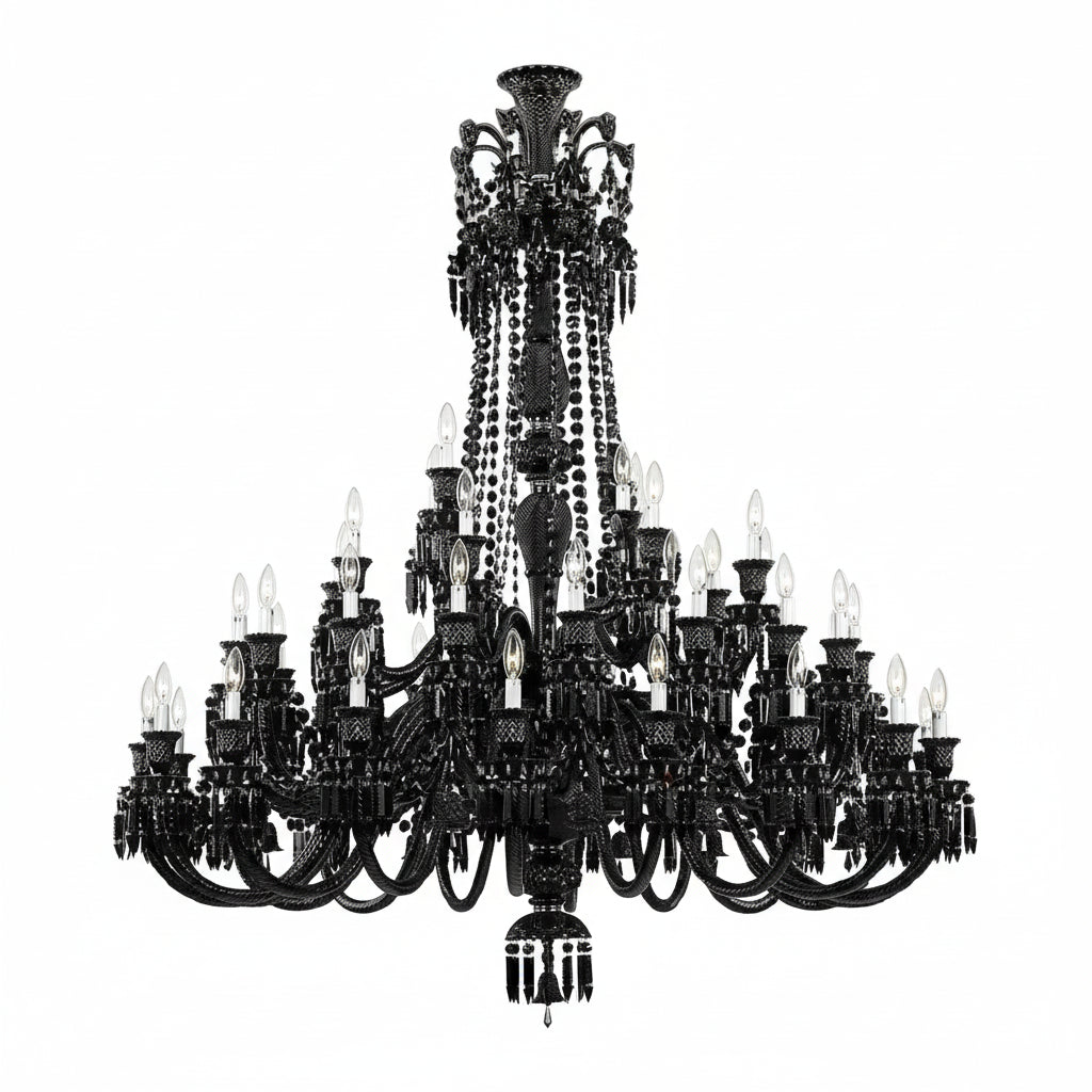 Black chandelier with intricate design on a gray background
