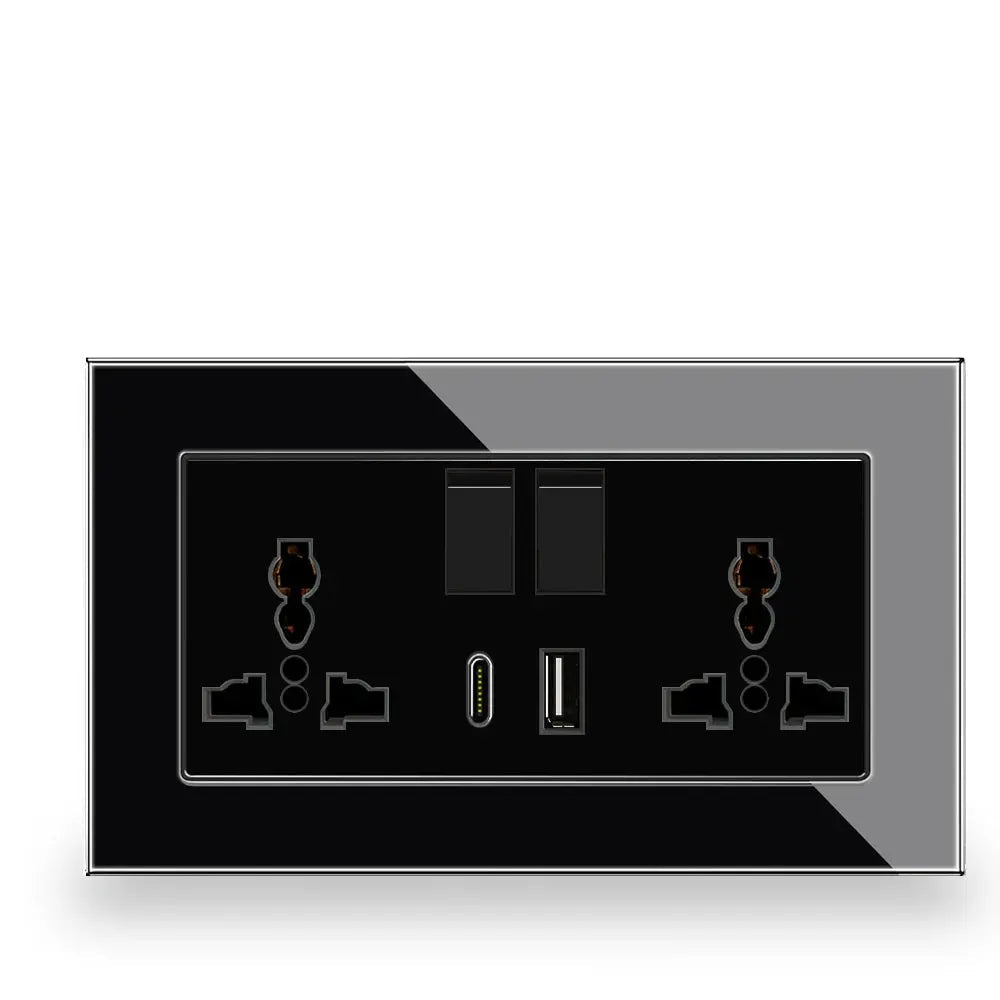 Wall socket with USB ports and electrical symbols on a black background, branded 'Delviz'.