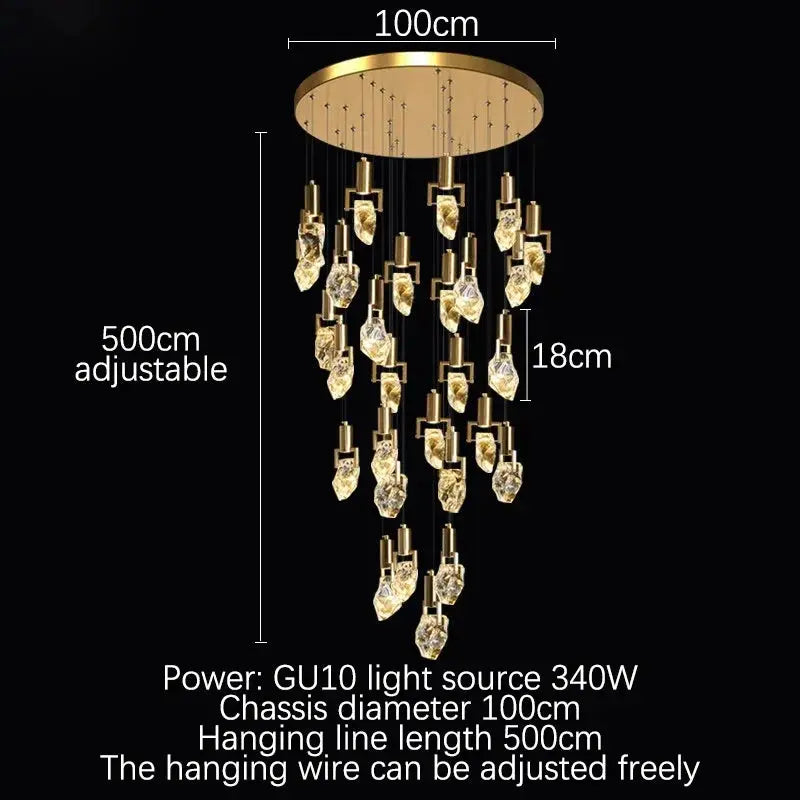 Crystal chandelier diagram labelled with a 100 cm canopy, 500 cm adjustable drop, 18 cm pendant and 340 W GU10 lighting.