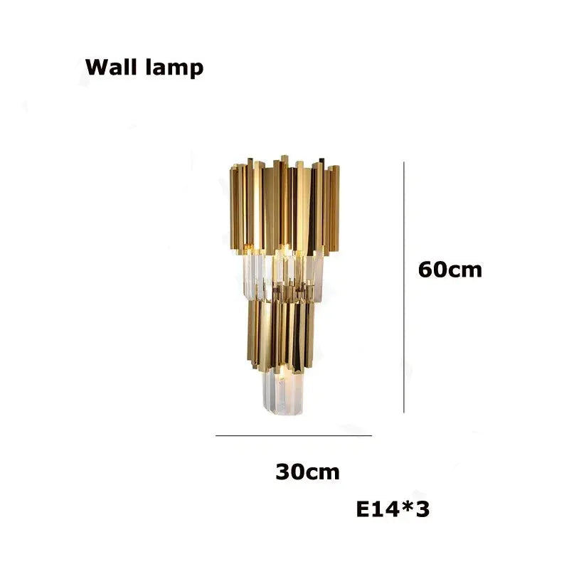 Gold wall lamp with dimensions on a white background