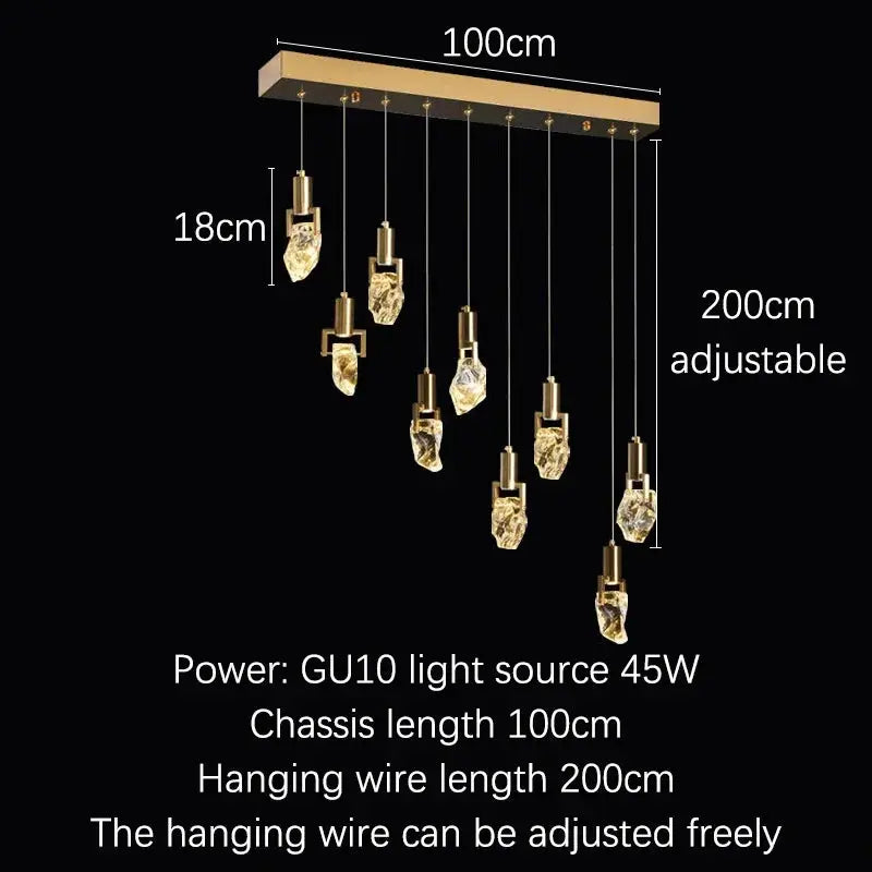 Nine-light linear chandelier diagram labelled with a 100 cm bar, 200 cm adjustable drop and 45 W GU10 lighting.