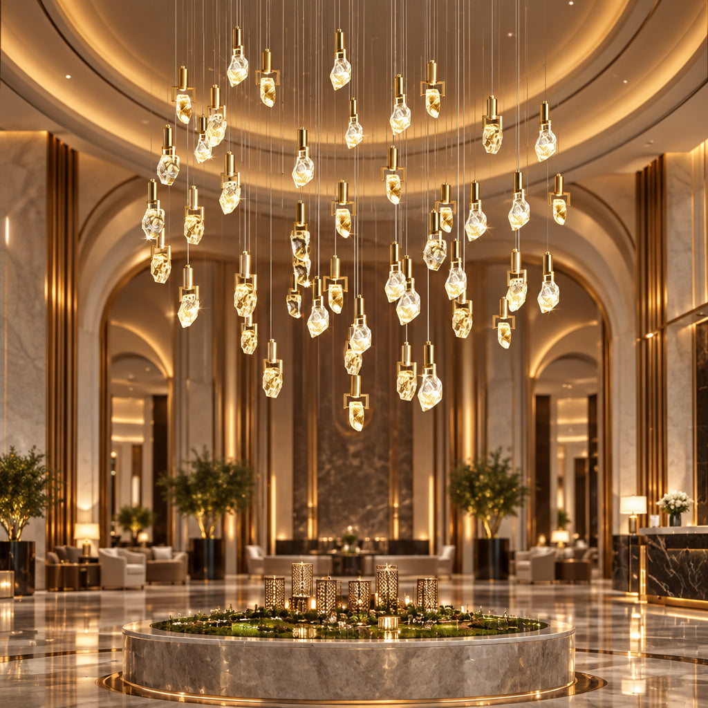 Large multi-drop crystal chandelier suspended above a circular feature in a tall entrance hall.