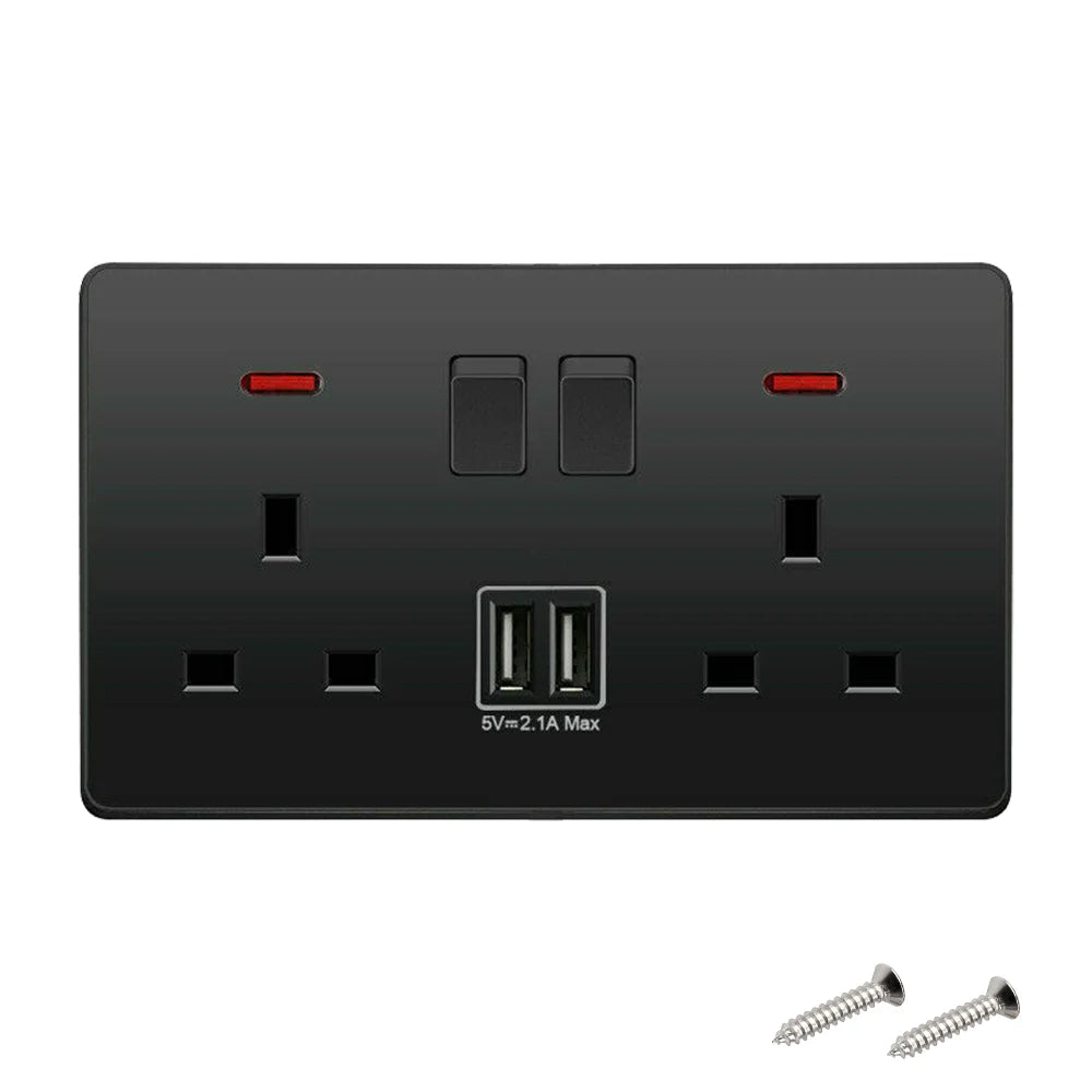 Dual-Wall Plug Socket 3A with 2 USB Charging Ports and Flat Plate - UK Standard