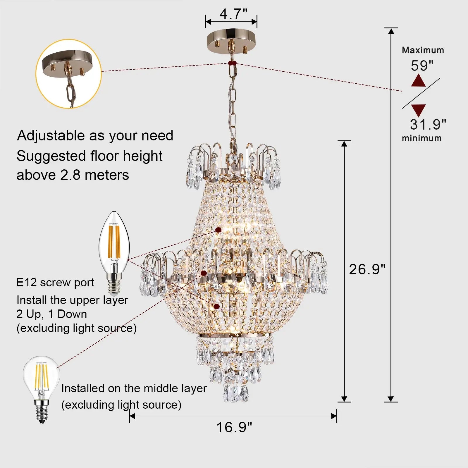 16.9" Luxury Retro Crystal Chandelier European Style Imperial Style Copper Color 7-Light Lighting Fixture Classy Living Room Restaurant Entrance Ceiling Light ChandeliersLife®