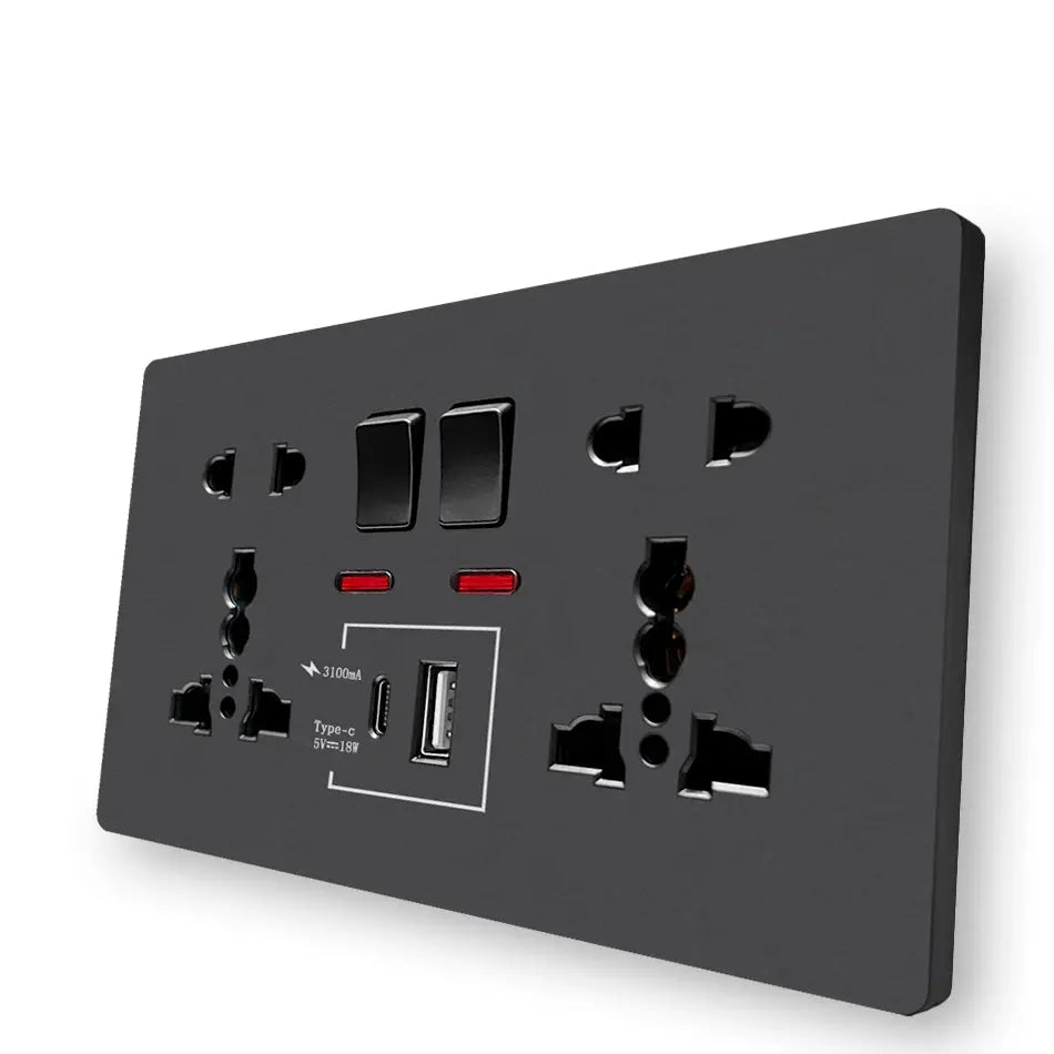 Black electrical socket with multiple outlets and USB ports on a white background, featuring the Delviz brand.