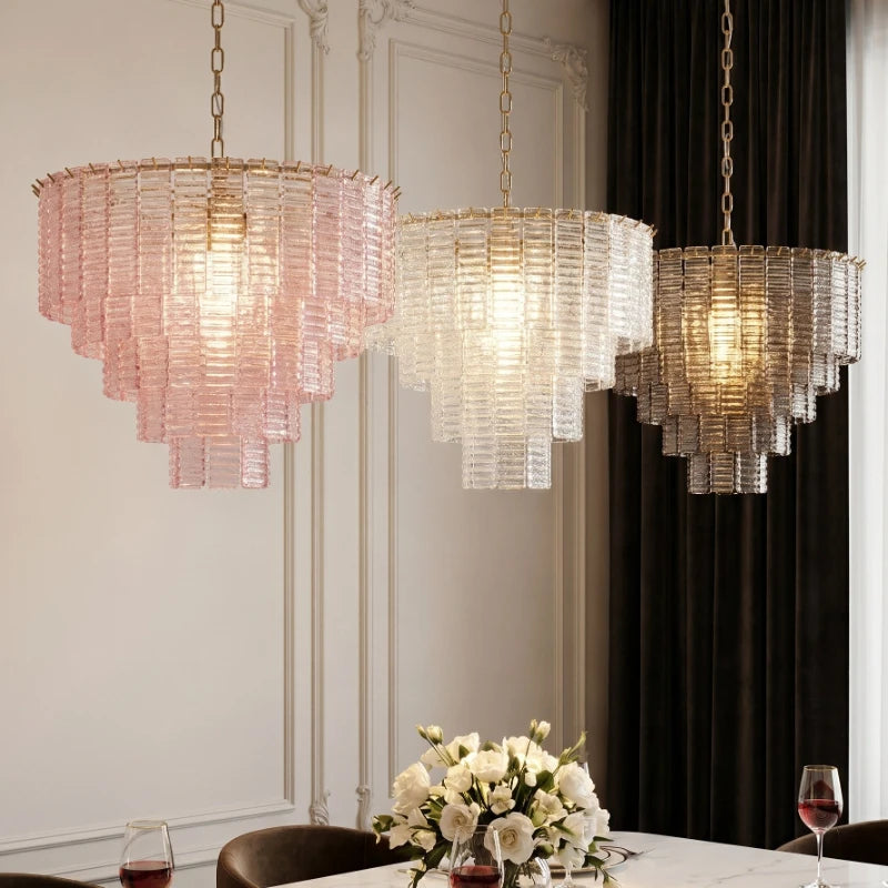 Tiered ribbed glass chandelier with layered rectangular glass panels