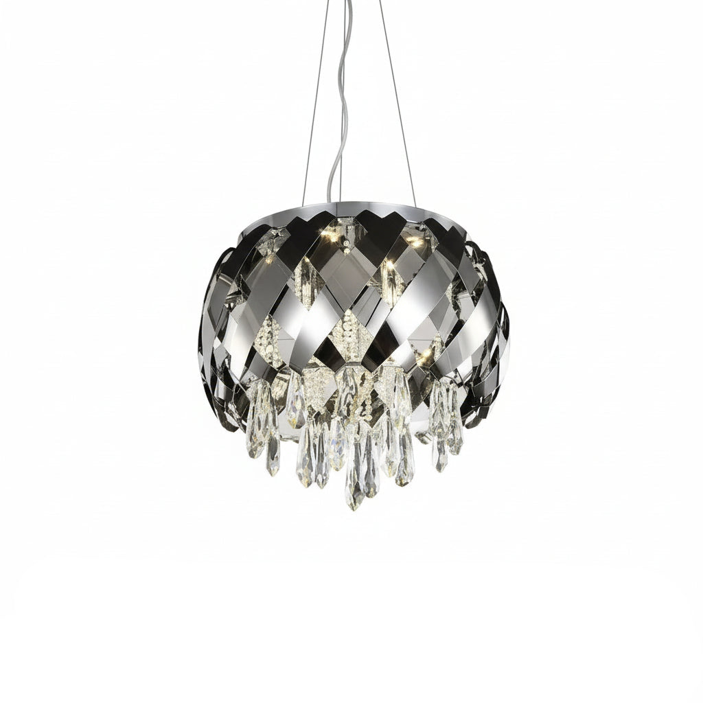 Dining room with a modern chandelier, round table, and chairs.