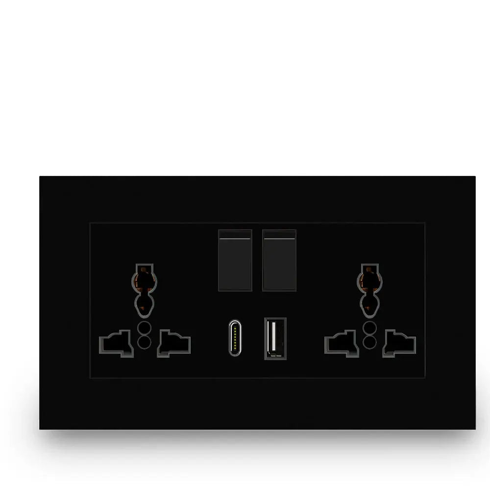 Black wall plate with socket and switch design on a white background, featuring the brand 'Delviz'.