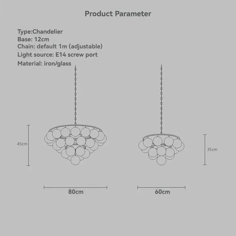 Chandelier product parameter diagram with dimensions and specifications on a gray background