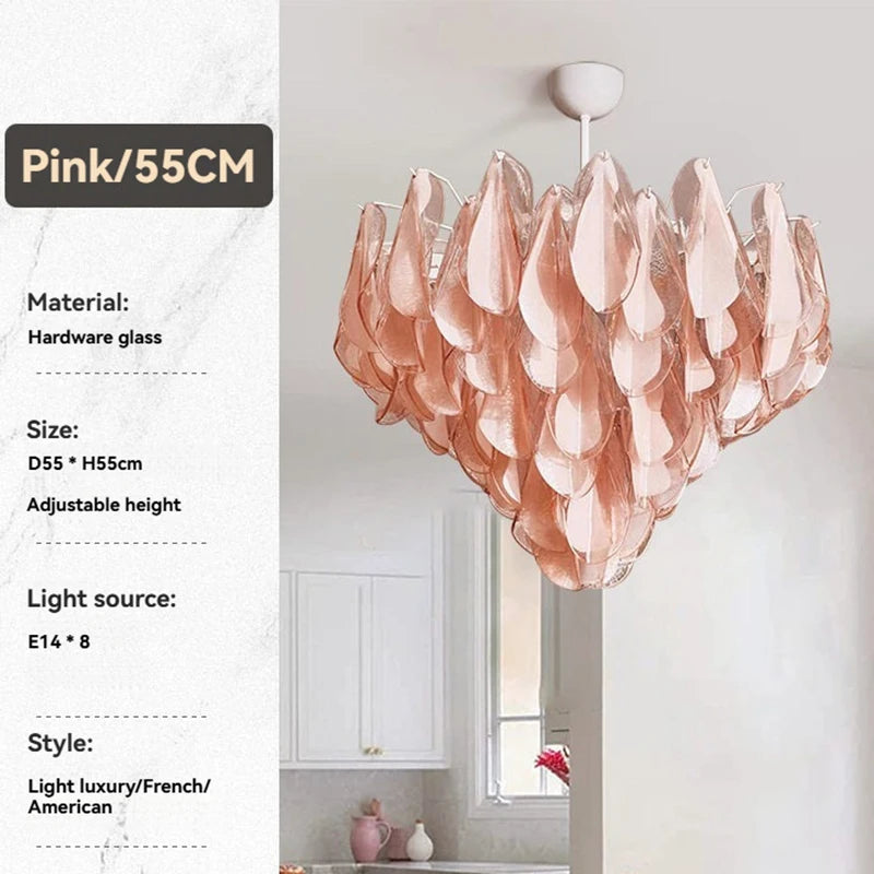 Ornamental glass chandelier with curved petal-style shades