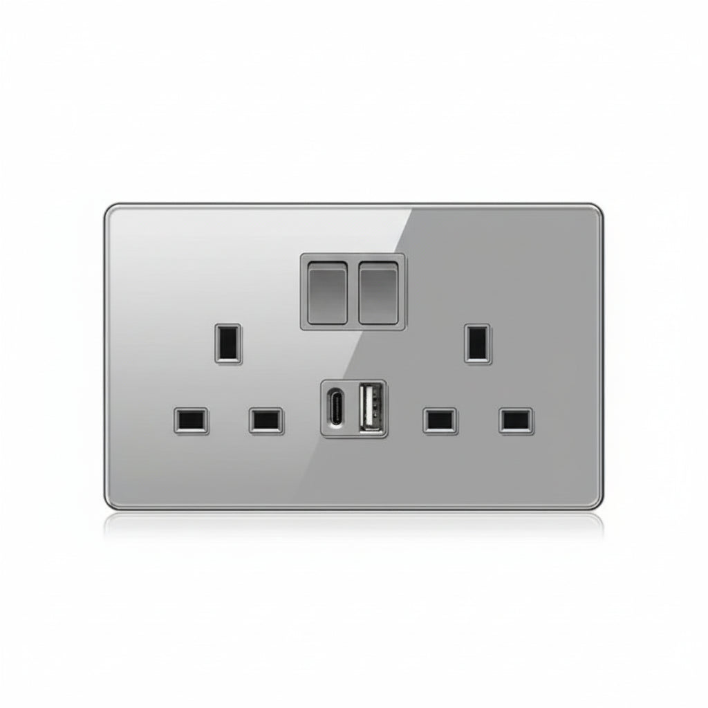 Collection of silver electrical outlets with USB ports on a white background