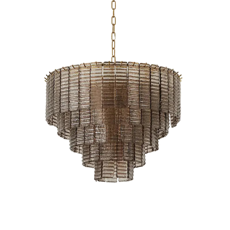 Glass chandelier design with repeating textured panel layers