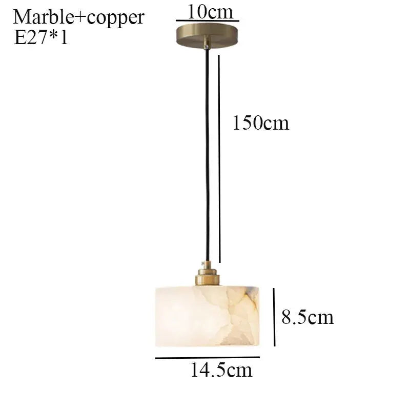Pendant light with measurements on a white background
