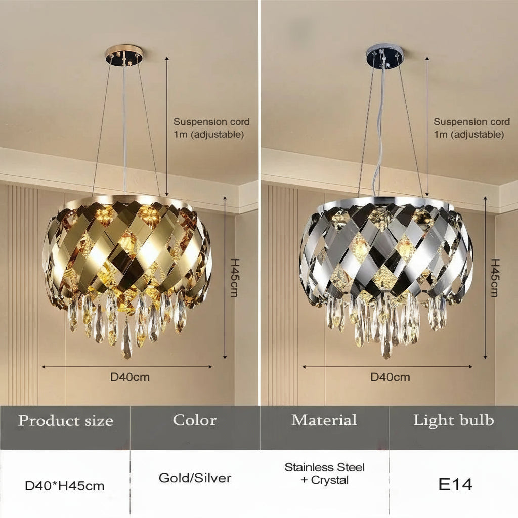 Two chandelier models with dimensions and material details on a neutral background