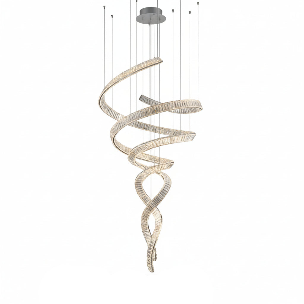 Spiral chandelier hanging in a living room with modern decor.