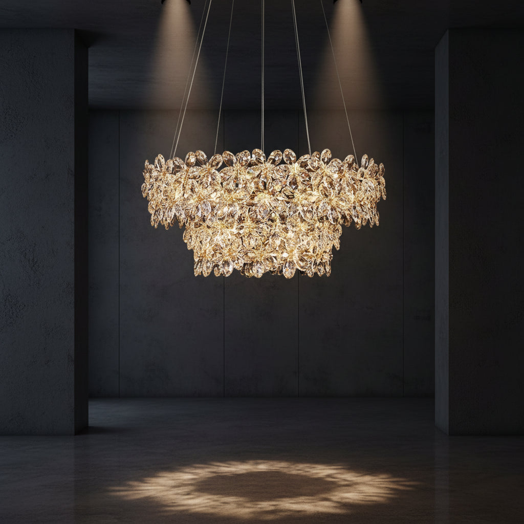 Luxurious crystal chandelier against a dark background