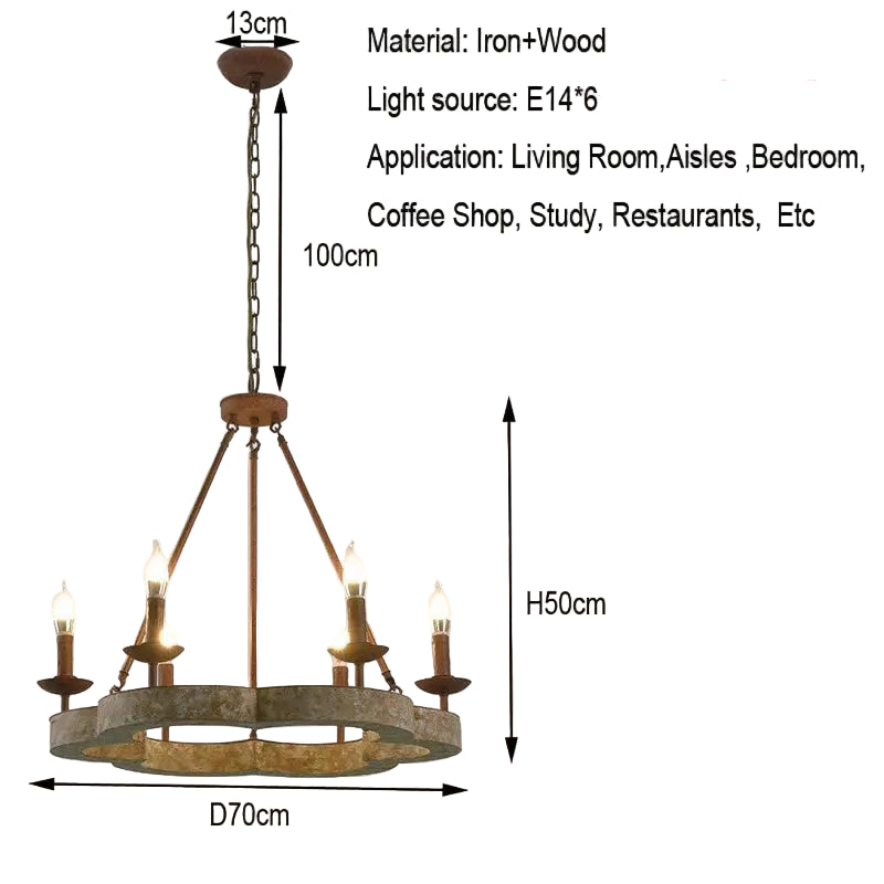 Chandelier with dimensions and material details on a plain background