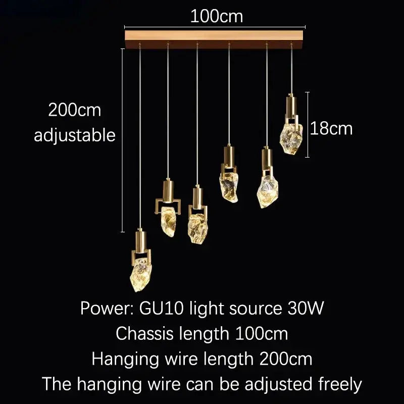 Six-light linear chandelier diagram labelled with a 100 cm bar, 200 cm adjustable drop and 30 W GU10 lighting.