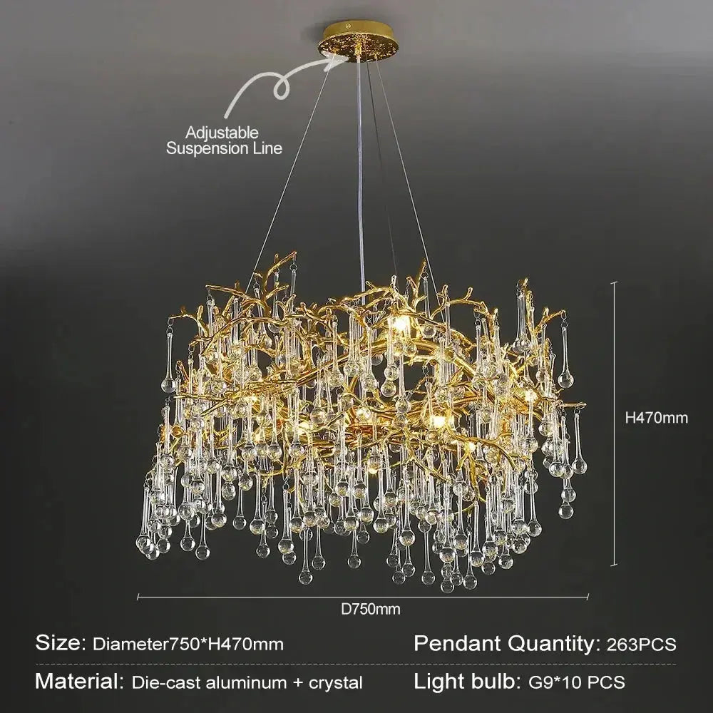 Gold chandelier with crystal accents on a dark background, featuring measurements and material details.