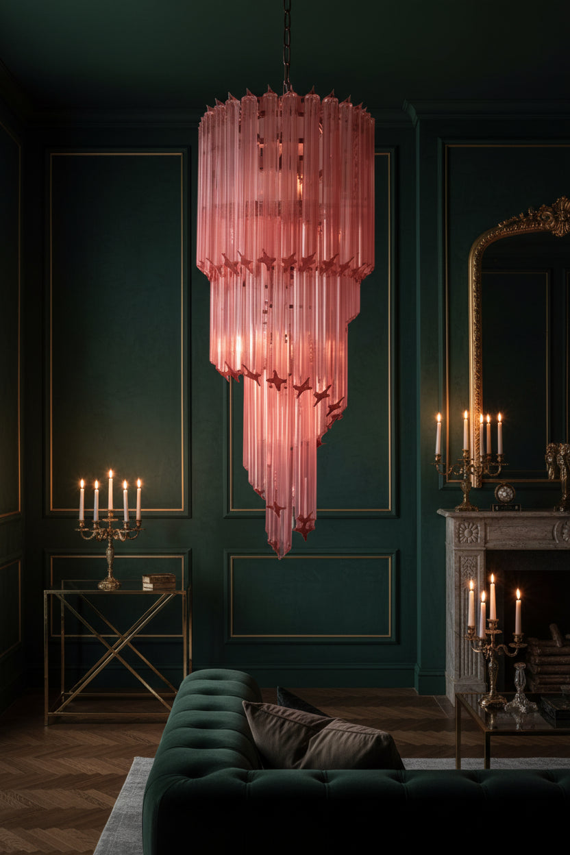 A pink glass chandelier with a tiered, cascading design hangs from a high-ceilinged room with exposed wooden beams, white paneled walls, and large windows.