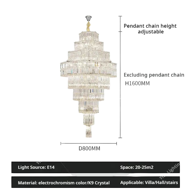 Chandelier with dimensions and specifications on a gray background