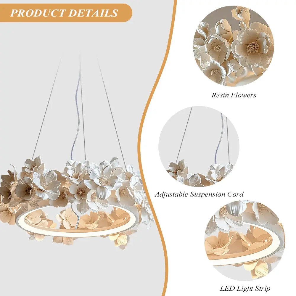 Decorative ceiling light fixture with floral design, labeled 'Rezin Flowers', 'Adjustable Suspension Cord', and 'LED Light Strip'.