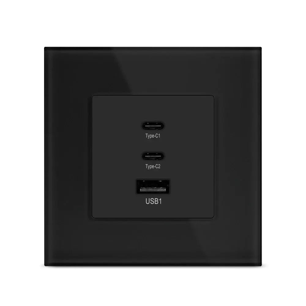 Black wall-mounted electronic panel with USB and Type-C ports on a white background
