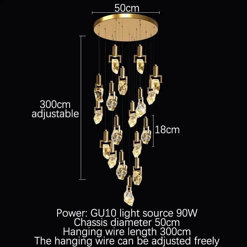 Crystal chandelier diagram labelled with a 50 cm canopy, 300 cm adjustable drop, 18 cm pendant and 90 W GU10 lighting.