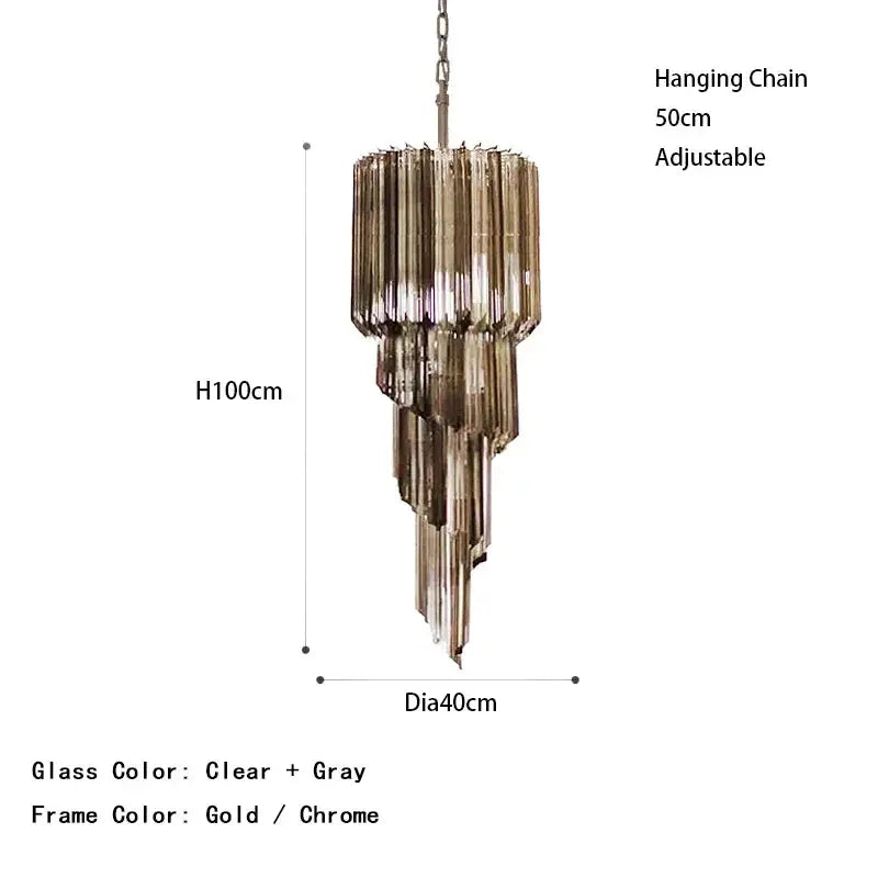 Chandelier with dimensions and color options on a white background