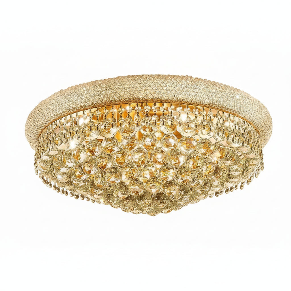 Gold chandelier with crystal accents on a beige background