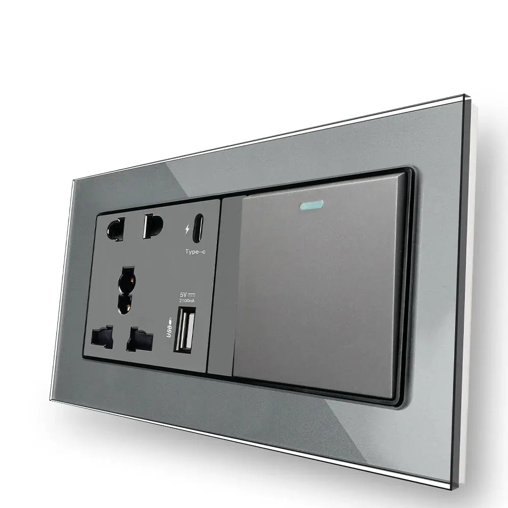 Wall switch and socket panel with branding on a white background