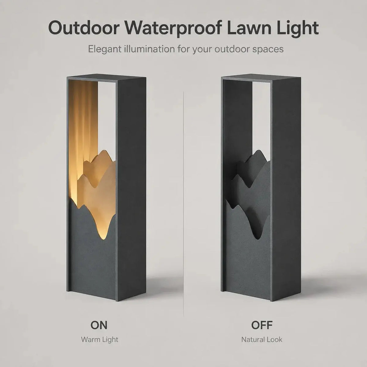Outdoor waterproof lawn light shown in two states: ON with warm mountain-shaped light, and OFF in natural dark gray. The image includes the text 'Outdoor Waterproof Lawn Light' and 'Elegant illumination for your outdoor spaces' on a light gray background.