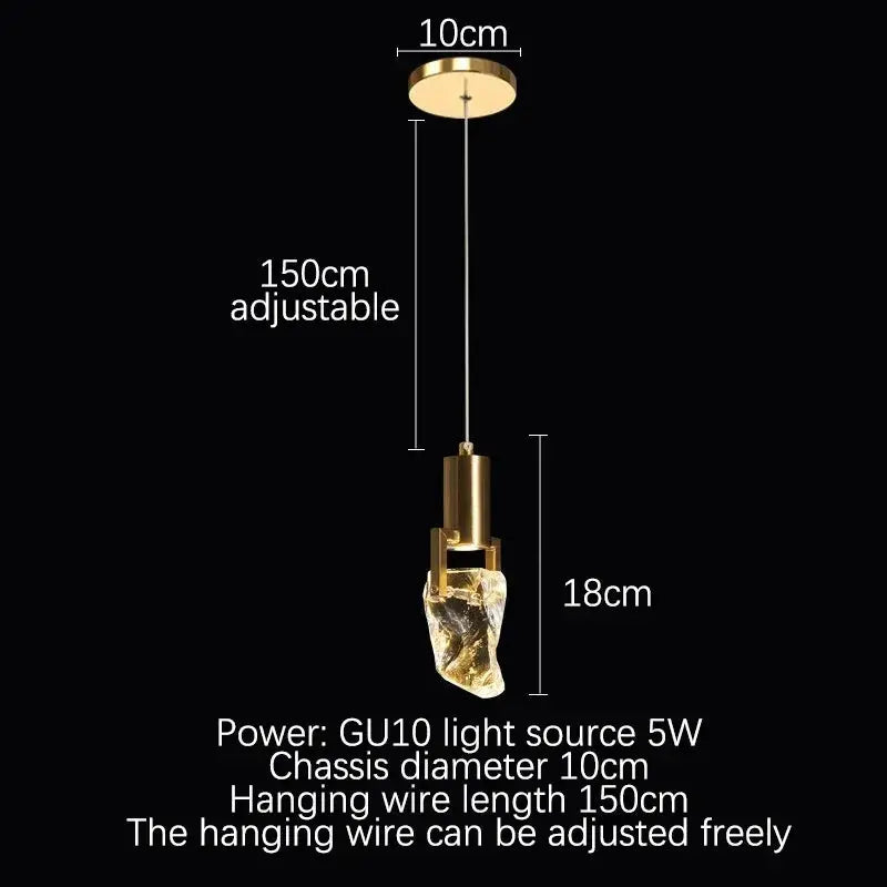 Single crystal pendant diagram labelled with a 10 cm canopy, 150 cm adjustable drop, 18 cm pendant and 5 W GU10 lighting.