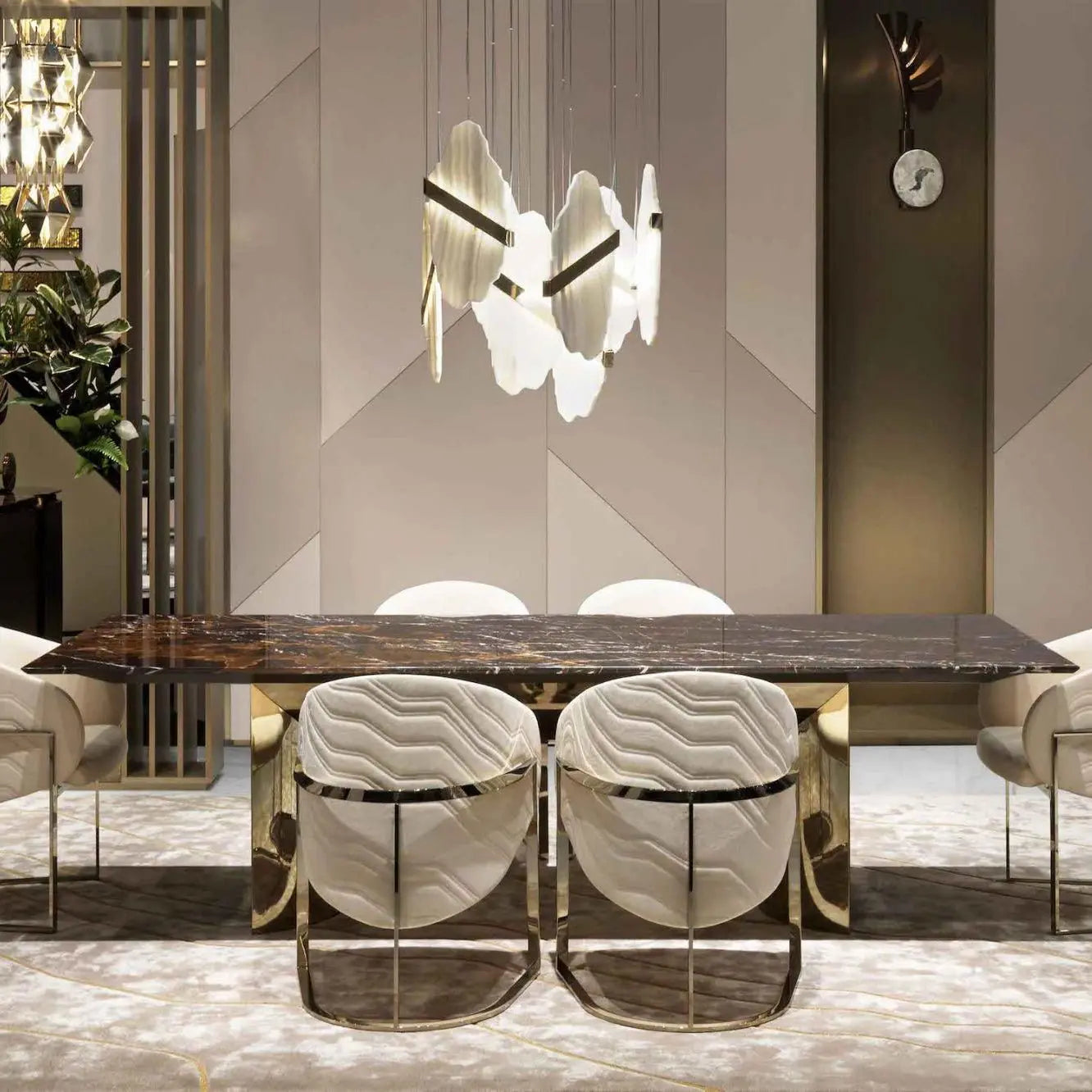Auralith Gold-White Alabaster LED Chandelier with Seven Panels
