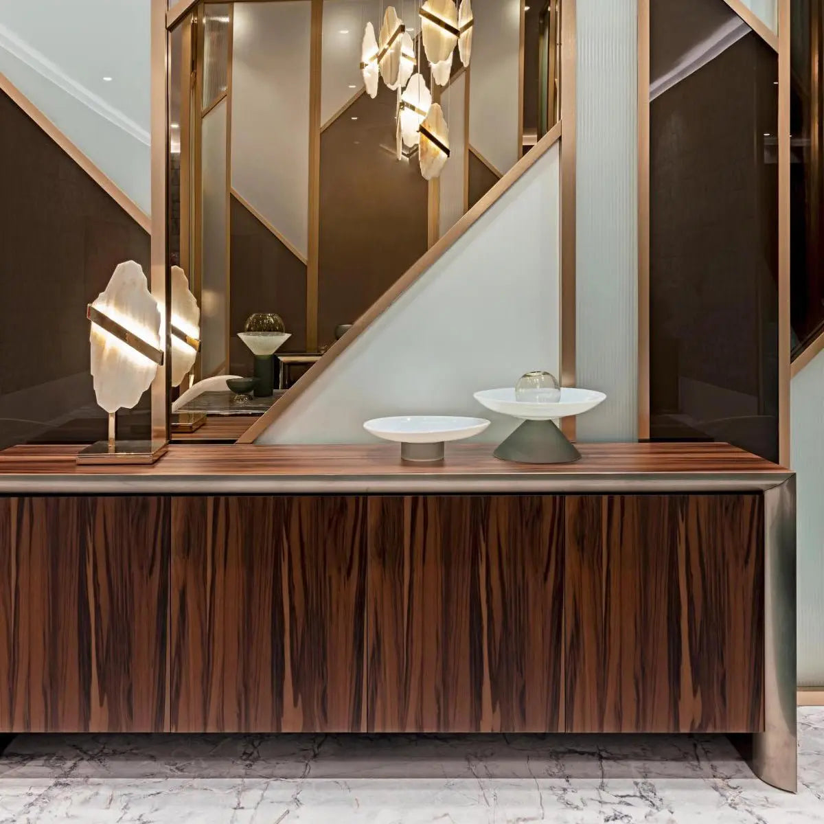 Auralith Gold-White Alabaster LED Chandelier with Seven Panels